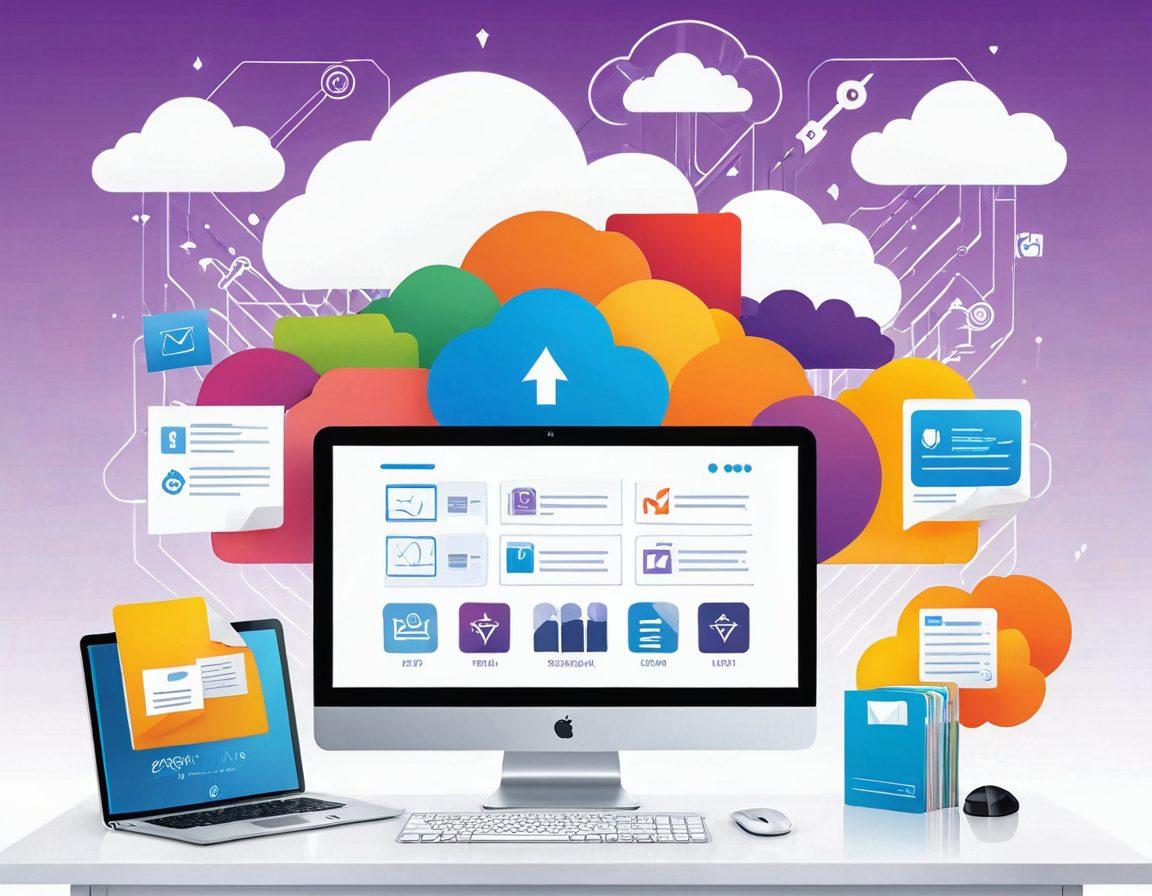A stylized representation of a modern digital workspace featuring a computer screen displaying file management software. Include elements like cloud storage icons, sharing arrows, and colorful folders organized on the desktop. Highlight the concept of collaboration with diverse people icons connected through the cloud. Use sleek lines and a futuristic vibe to convey empowerment and efficiency. vector art. vibrant colors. white background.